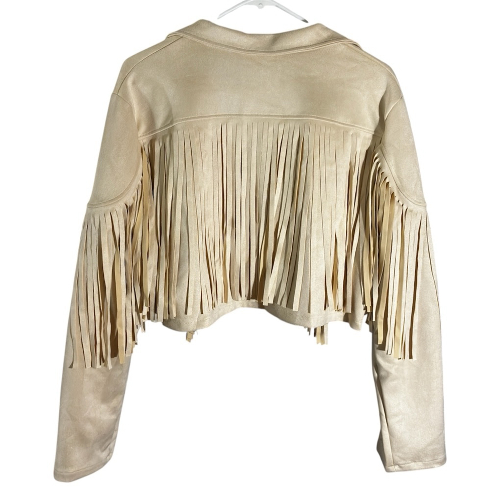 Ivory Faux Suede Fringe Cropped Jacket Western Boho Cowgirl Size XL 12 - Picture 5 of 7
